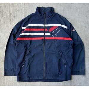 Vintage 80s Fila Track Jacket Nylon Windbreaker Striped Navy Red Men's Large 42